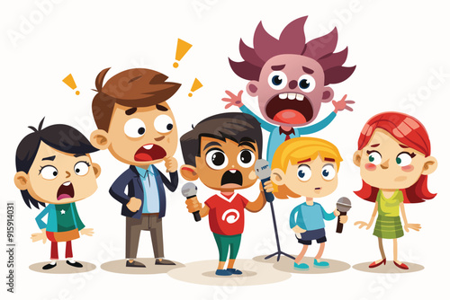 A group of cartoon characters humorously perform together, showcasing their skills while completely ignoring distracting voices around them