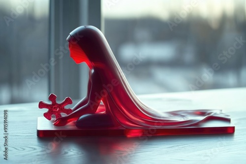 Glassmorphism Chaos: Red Translucent Art Sculpture with Puzzle Piece on Smooth Surface photo