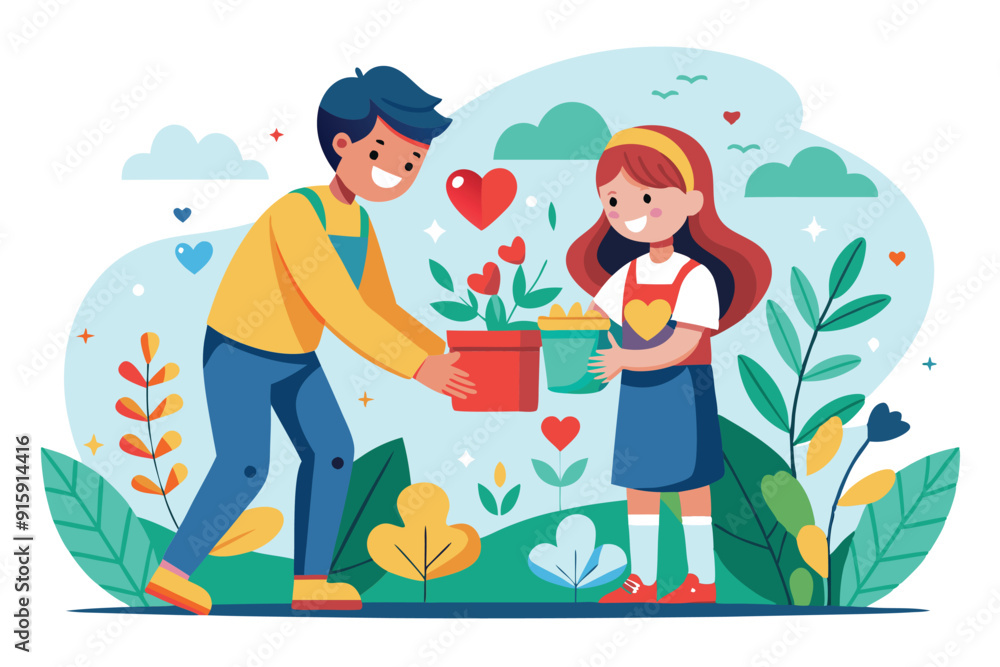 A young boy hands a potted plant to a girl, both smiling joyfully in a vibrant garden filled with greenery and hearts, embodying kindness and community spirit A young boy hands a potted plant to a girl, both smiling joyfully in a vibrant garden filled with greenery and hearts, embodying kindness and community spirit
