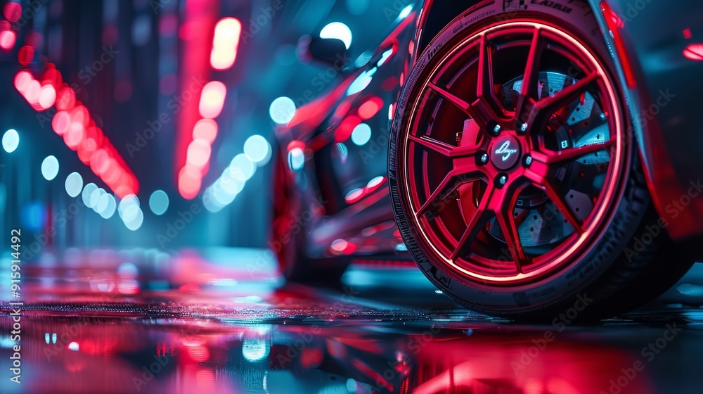 Red brake caliper peeking through a stylish black rim on a sportscar parked on wet asphalt reflecting blue and red city lights