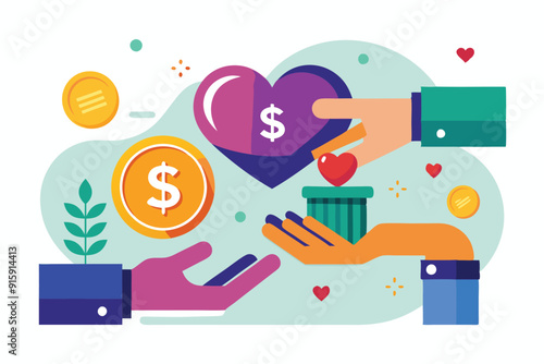 Hands are exchanging a heart-shaped donation symbol, emphasizing generosity and community support, surrounded by coins and a donation box