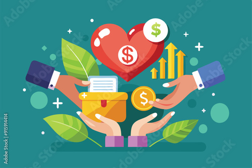 Hands are depicted engaging in charity, exchanging money and items, symbolizing generosity and community support in a vibrant setting