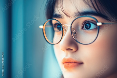 Contemplative Woman with Round Glasses in Soft Light - Close-Up Portrait for Inspirational Design