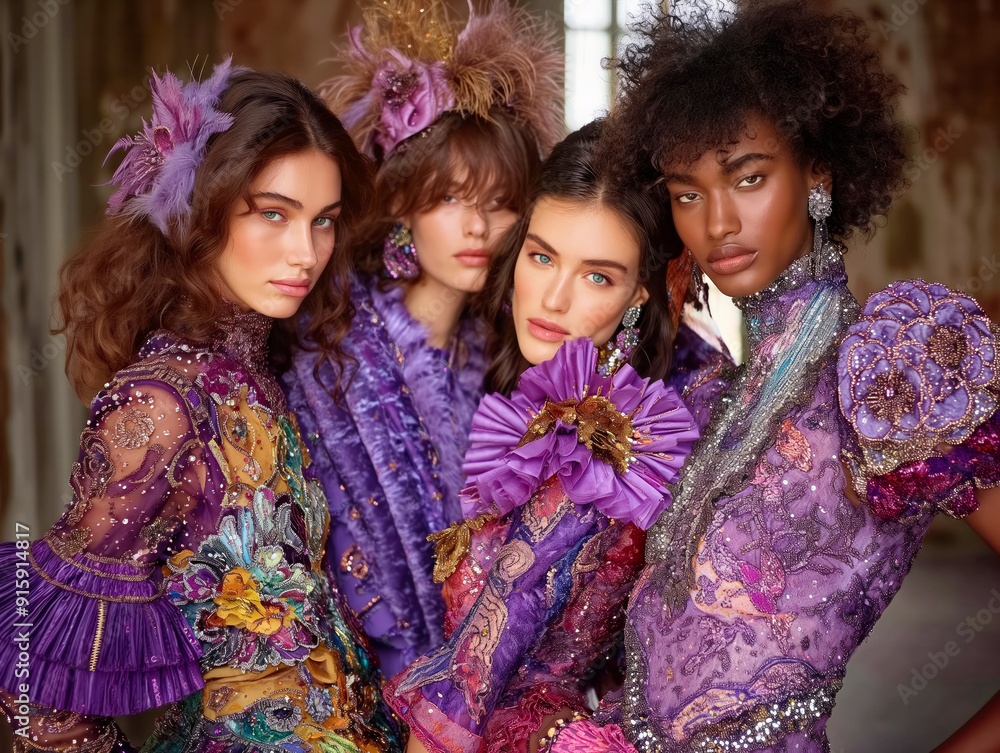 A group of women wearing purple clothing and headpieces pose for a photo. Scene is elegant and sophisticated, with the women dressed in colorful and intricate outfits