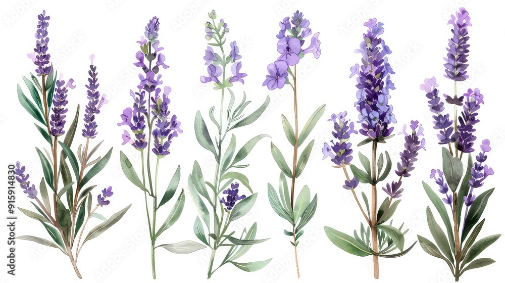 A watercolor illustration of a collection of 7 lavender sprigs isolated on a white background. A watercolor illustration of a collection of 7 lavender sprigs isolated on a white background.