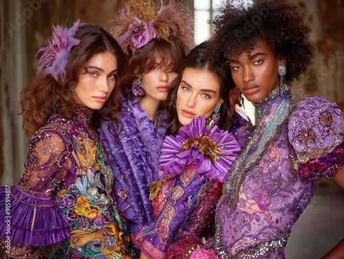 A group of women wearing purple clothing and headpieces pose for a photo. Scene is elegant and sophisticated, with the women dressed in colorful and intricate outfits