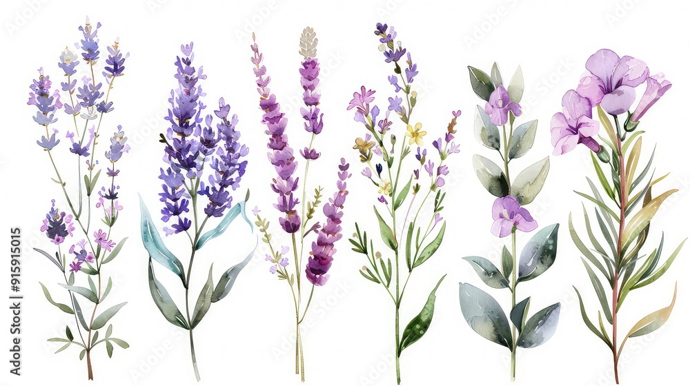Naklejka premium Seven watercolor illustrations of different purple flowers with green leaves against a white background.