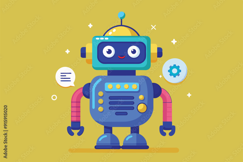 A friendly chatbot character with colorful features presents customizable options, inviting interaction in a lively digital setting A friendly chatbot character with colorful features presents customizable options, inviting interaction in a lively digital setting