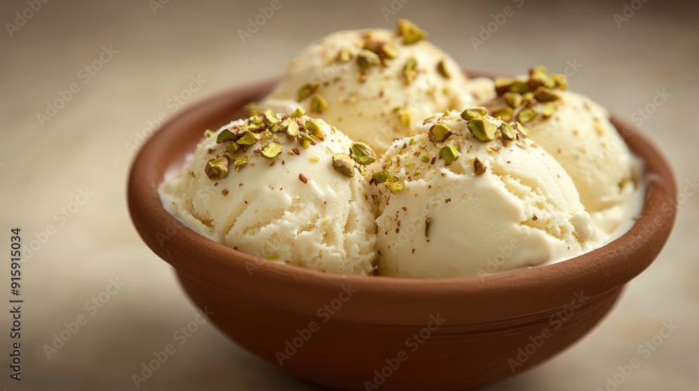 Closeup of Vanilla Ice Cream Scoops Topped with Pistachios in a Terracotta Bowl Closeup of Vanilla Ice Cream Scoops Topped with Pistachios in a Terracotta Bowl