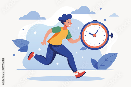 A cheerful individual hurries while holding a clock, emphasizing the urgency of meeting deadlines in a vibrant outdoor setting