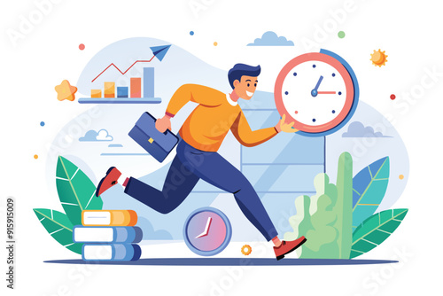 A young professional hurries while carrying a briefcase, focused on completing a project before the deadline, surrounded by charts and clocks