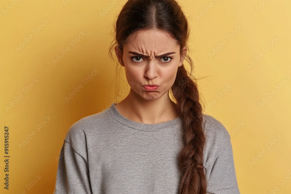 Obraz premium Minimalist Close-Up Portrait of a Pouting Woman on Yellow Background