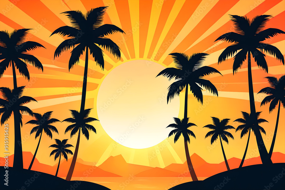 Sunset view with palm trees and the radiant sun Sunset view with palm trees and the radiant sun