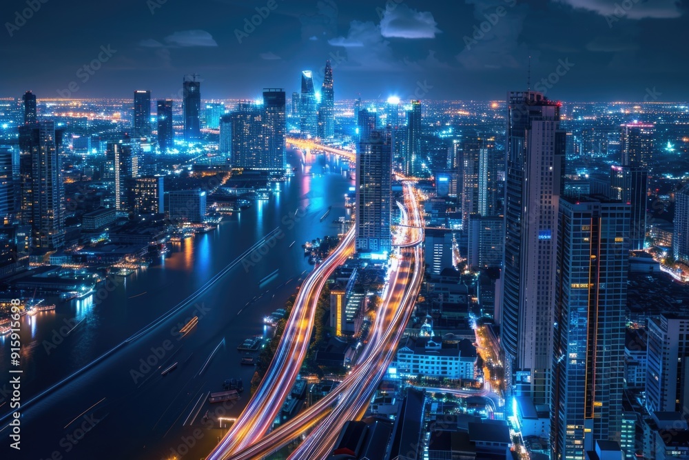 Panoramic view of a city's skyline at night, taken from the rooftop Panoramic view of a city's skyline at night, taken from the rooftop