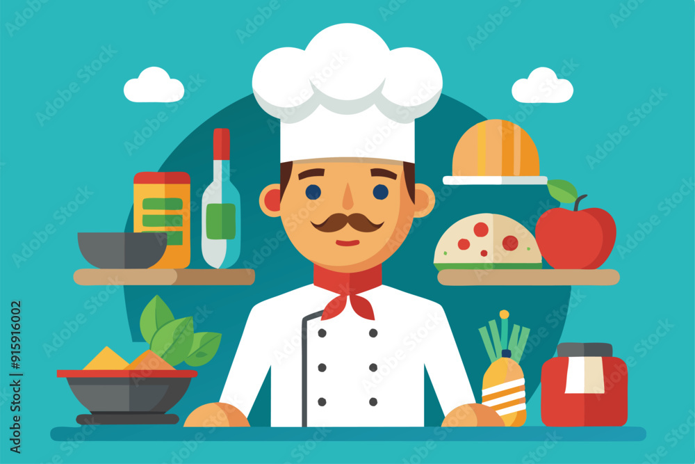 A friendly chef stands surrounded by various ingredients, ready to create delicious dishes in a vibrant kitchen atmosphere A friendly chef stands surrounded by various ingredients, ready to create delicious dishes in a vibrant kitchen atmosphere