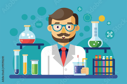 A chemist in a lab coat conducts experiments with colorful liquids in a well-equipped laboratory, showcasing various test tubes and flasks