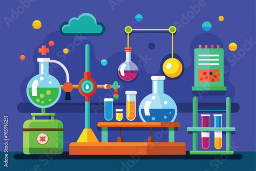 A vibrant cartoon chemistry lab featuring colorful flasks, beakers, and equipment engaged in various experiments under a bright blue sky