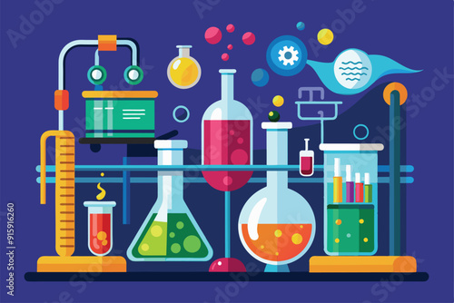 A vibrant chemistry lab displays a variety of colorful experiments and equipment, showcasing the exciting world of scientific exploration and discovery