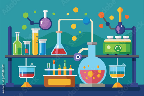 A colorful chemistry lab filled with diverse glassware and liquids, showcasing the preparation for scientific experiments in a dynamic environment