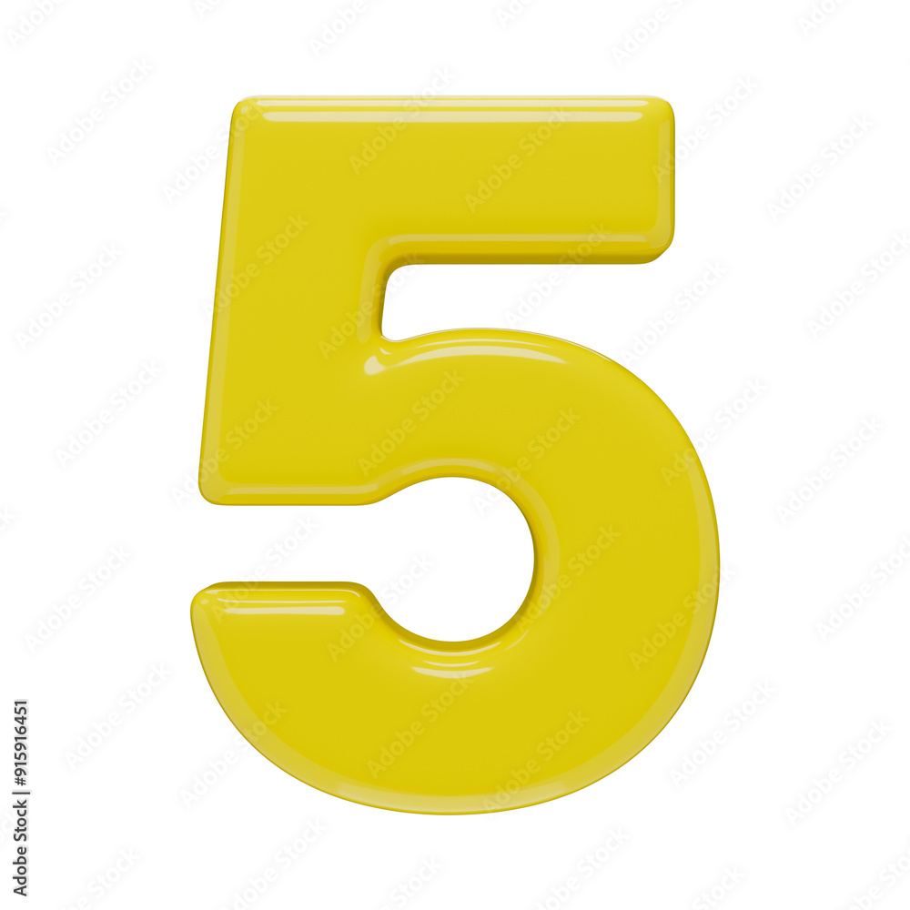 Volumetric number five, isolated on a transparent background. 3D digit 5 in yellow color plastic with a glossy texture. Photorealistic render. Volumetric number five, isolated on a transparent background. 3D digit 5 in yellow color plastic with a glossy texture. Photorealistic render.