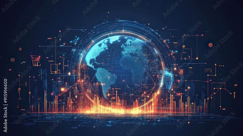 Fototapeta premium Business and economic growth on global business networks, Financial and banking data analysis, Customer service, Technology and data connection, Business strategy and digital marketing.