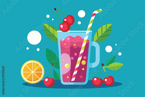 A vibrant cherry drink is presented with a lemon slice and colorful straws, adorned by fresh leaves and cherries, creating a bright and appetizing display