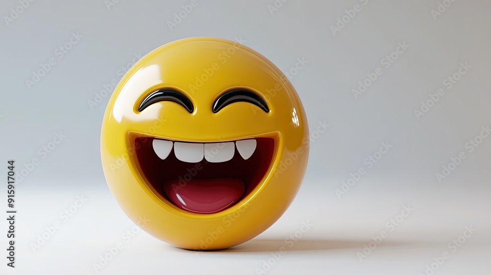 A vibrant 3D-rendered yellow emoticon with a laughing expression, featuring wide open mouth, closed eyes, and raised eyebrows. A vibrant 3D-rendered yellow emoticon with a laughing expression, featuring wide open mouth, closed eyes, and raised eyebrows.