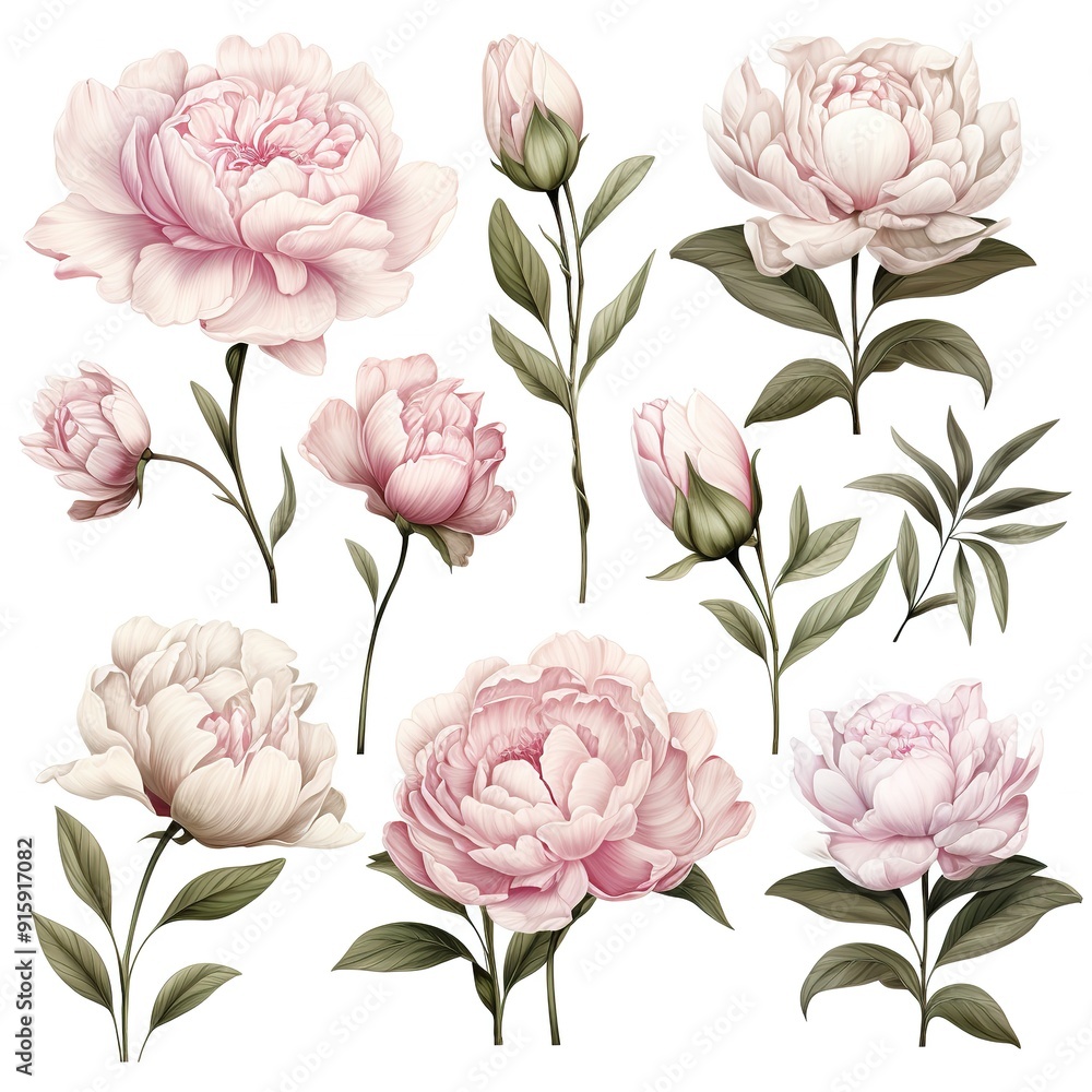 Delicate pink peonies with green leaves. Delicate pink peonies with green leaves.