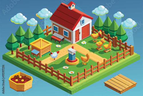 A detailed isometric view of a lively chicken farm featuring hens, a farmhouse, a feeding area, and lush greenery in a sunny outdoor environment
