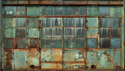 Old, weathered metal door with peeling paint and rust in an urban setting