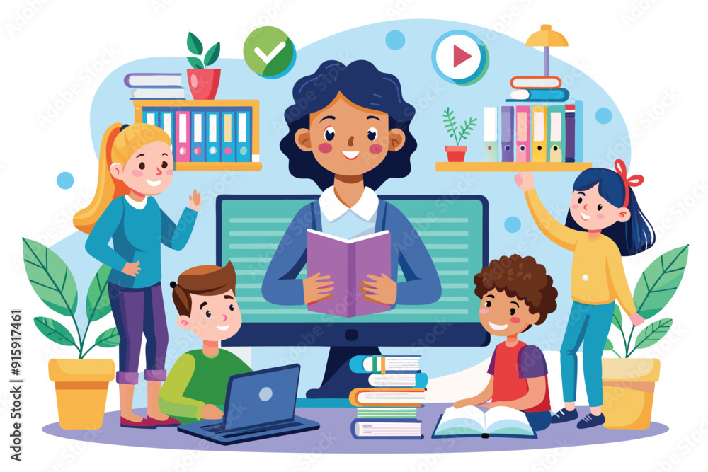 A teacher interacts with children online as they learn together in a vibrant educational environment filled with books and technology A teacher interacts with children online as they learn together in a vibrant educational environment filled with books and technology