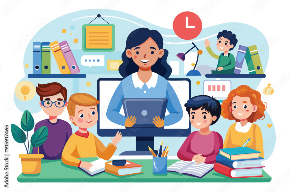 Children actively participate in online learning sessions with a teacher while using laptops, books, and various learning materials Children actively participate in online learning sessions with a teacher while using laptops, books, and various learning materials
