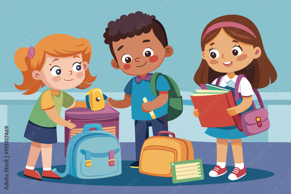 Children eagerly prepare their colorful backpacks, arranging supplies and discussing their favorite items together
