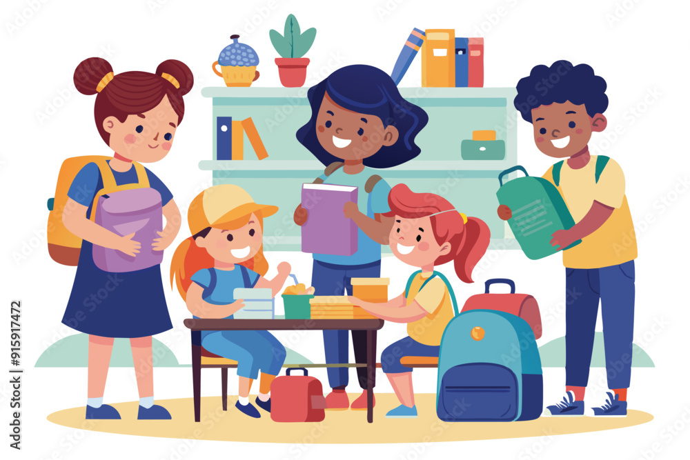 A group of children collaborates to prepare their backpacks with school supplies in a lively classroom environment A group of children collaborates to prepare their backpacks with school supplies in a lively classroom environment