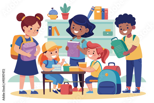 A group of children collaborates to prepare their backpacks with school supplies in a lively classroom environment