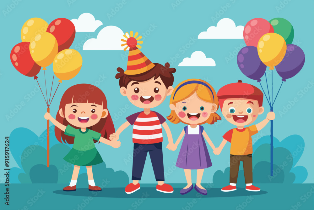Four joyful children cheerfully hold vibrant balloons while celebrating together in a cheerful outdoor setting Four joyful children cheerfully hold vibrant balloons while celebrating together in a cheerful outdoor setting