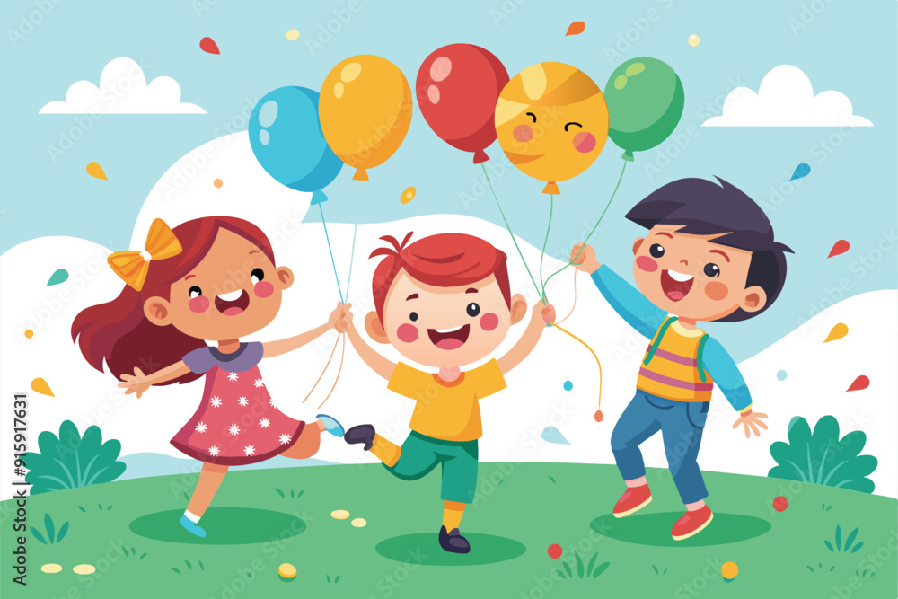 Three children are happily dancing in a park while holding brightly colored balloons under a clear blue sky Three children are happily dancing in a park while holding brightly colored balloons under a clear blue sky