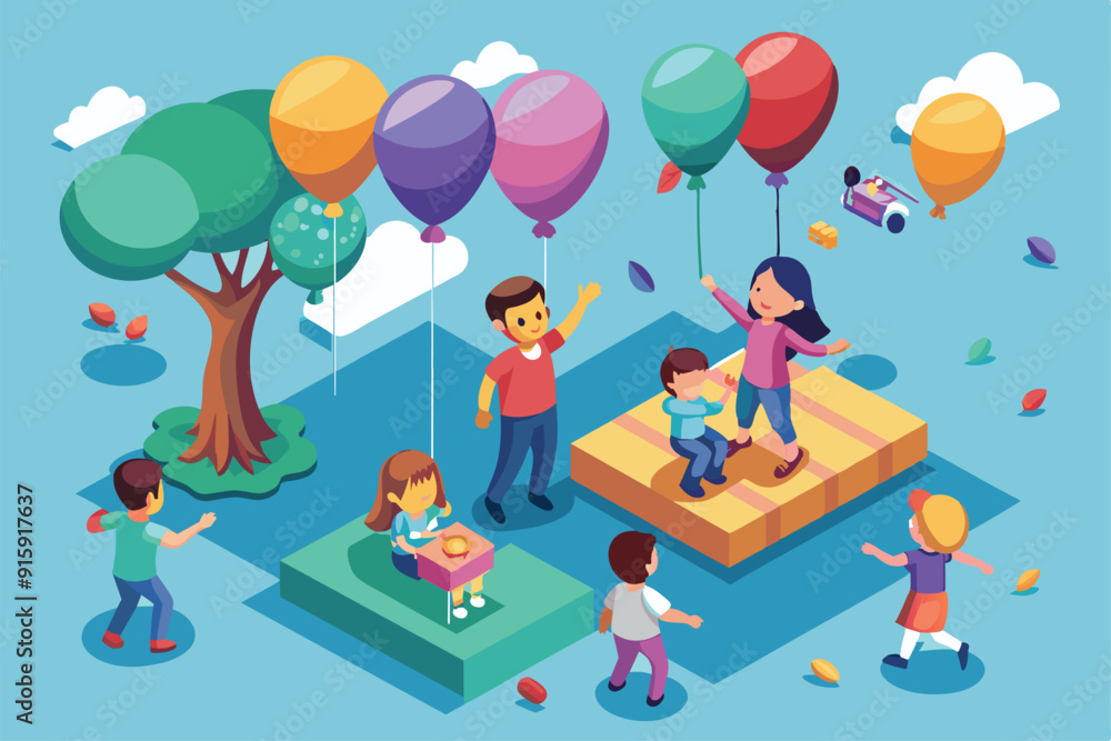 Fototapeta premium Children joyfully interact with colorful balloons in a lively park, engaging in play and laughter under a bright sky