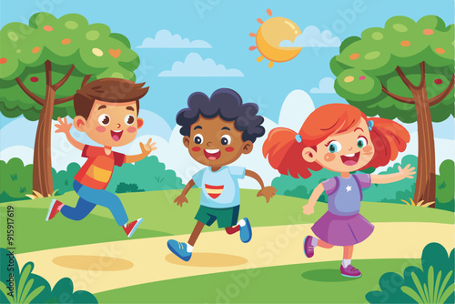 Three children are happily running along a path in a vibrant park under a bright sun, surrounded by trees and greenery, enjoying their outdoors playtime