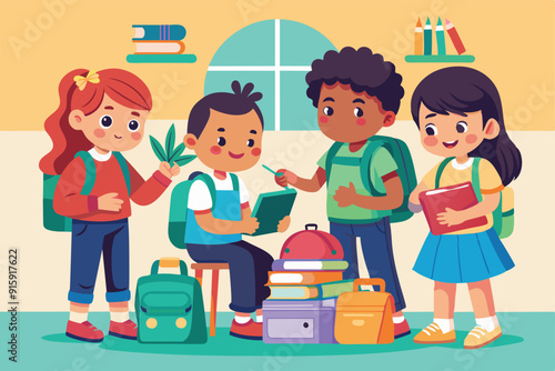 A group of children collaborates to arrange their personalized backpacks with school supplies during a lively classroom session