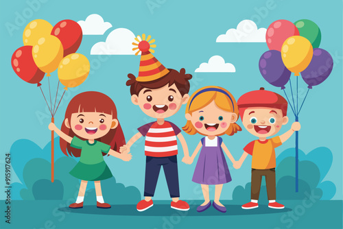 Four joyful children cheerfully hold vibrant balloons while celebrating together in a cheerful outdoor setting