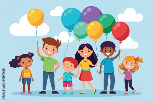 Children of diverse backgrounds joyfully hold balloons, playing together in a vibrant park filled with sunshine and fluffy clouds