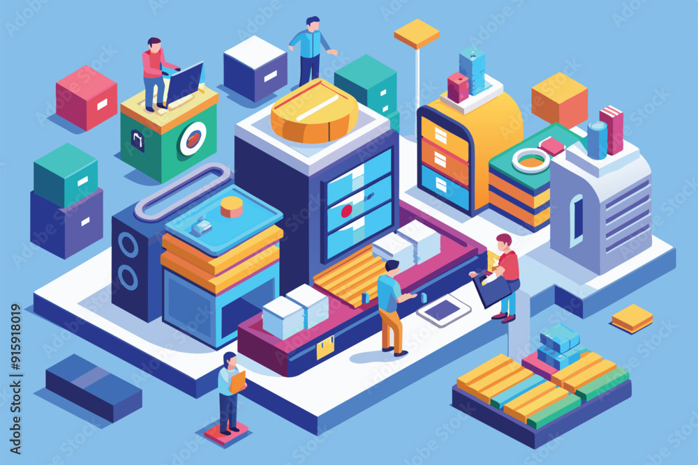 Fototapeta premium Workers engage in various tasks within a colorful warehouse environment, showcasing teamwork and efficiency in a bustling space