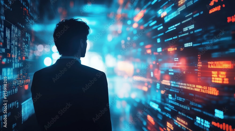 A businessman in a virtual meeting with a blurred abstract background of global economic data. A businessman in a virtual meeting with a blurred abstract background of global economic data.