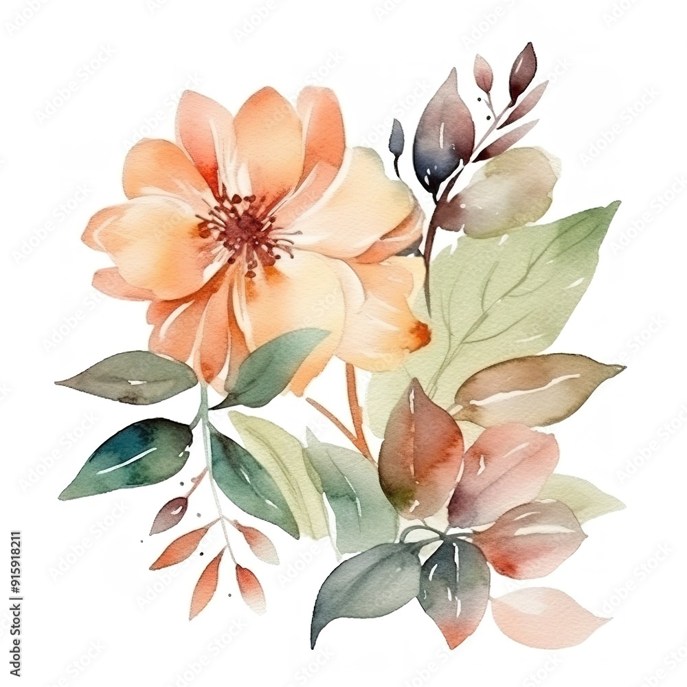 Delicate watercolor flower bouquet with leaves. Delicate watercolor flower bouquet with leaves.