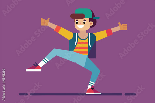 A cheerful choreographer showcases dynamic dance moves with enthusiasm while wearing colorful clothing against a vibrant background