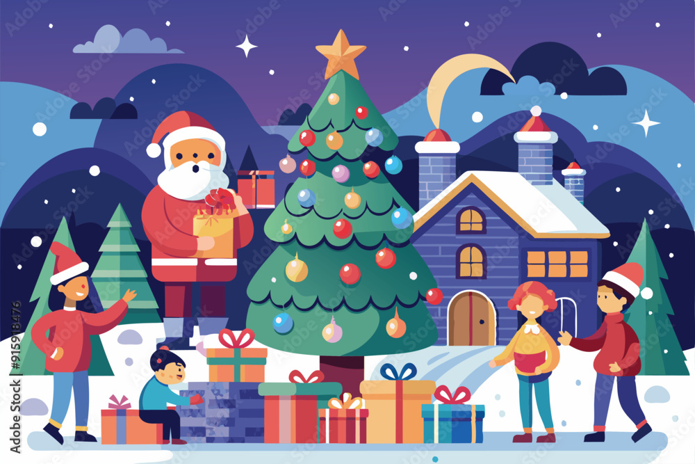 Families gather in a snowy landscape, enjoying a festive charity event with Santa, a decorated tree, and joyful interactions amidst wrapped gifts Families gather in a snowy landscape, enjoying a festive charity event with Santa, a decorated tree, and joyful interactions amidst wrapped gifts