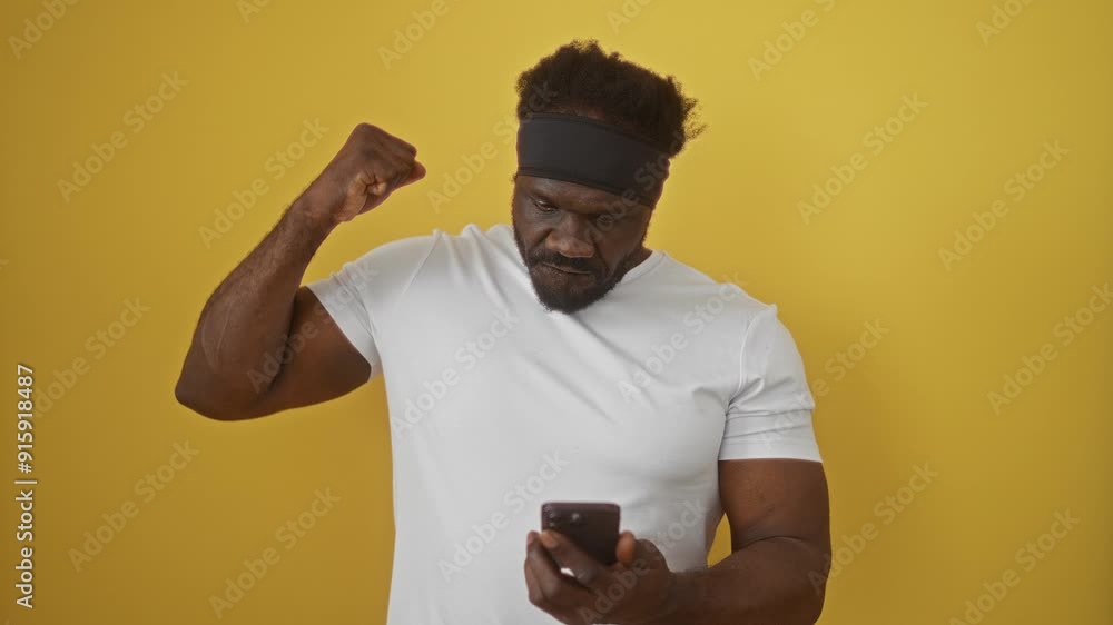 Anger unleashed, african american man annoyed and shouting over smartphone on isolated yellow background, yelling in frustration and rage Anger unleashed, african american man annoyed and shouting over smartphone on isolated yellow background, yelling in frustration and rage