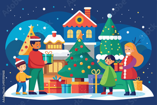 Families gather around a beautifully decorated Christmas tree, sharing gifts and spreading holiday cheer in a heartwarming charitable event