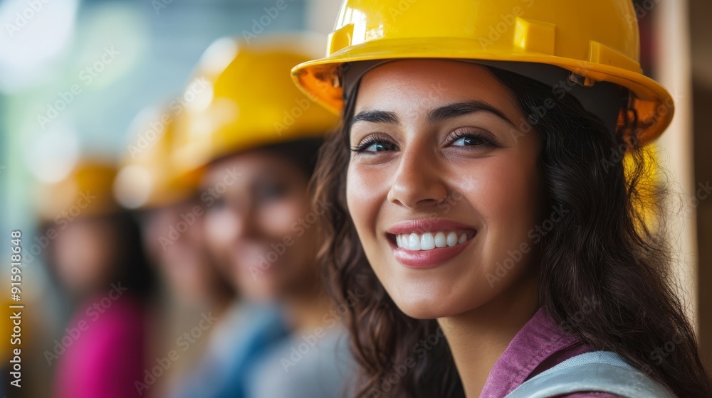 Beautiful young girl in work helmet concept for labor day in usa Beautiful young girl in work helmet concept for labor day in usa